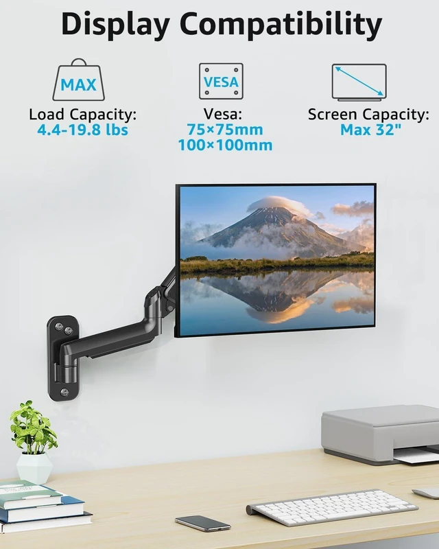 Alt view image 7 of 10 - MOUNTUP Single Monitor Wall Mount for Max 32 Inch Computer Screen, Fully Adjustable Gas Spring Monitor Arm, Wall Mount Monitors Holder Support 4.4-19.8lbs Display, VESA Bracket Fit 75x75mm, 100x100mm