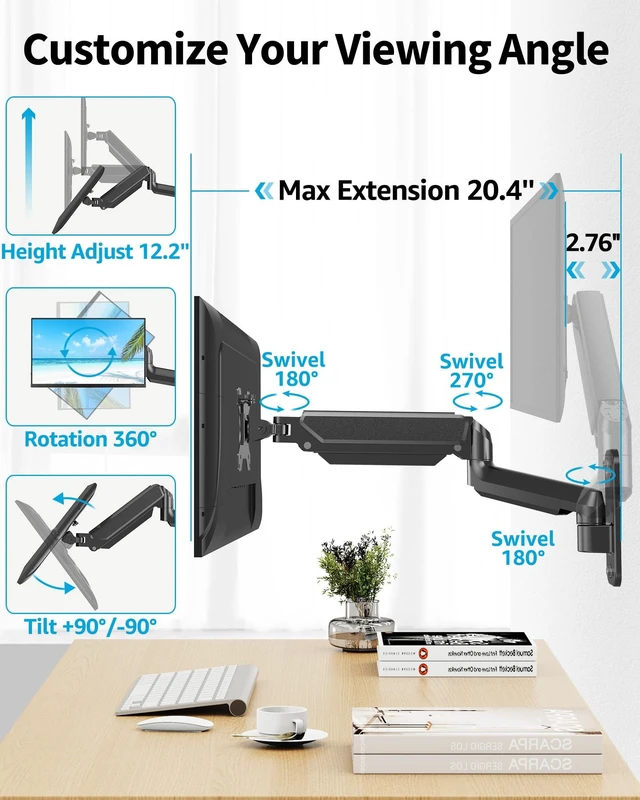 Alt view image 8 of 10 - MOUNTUP Single Monitor Wall Mount for Max 32 Inch Computer Screen, Fully Adjustable Gas Spring Monitor Arm, Wall Mount Monitors Holder Support 4.4-19.8lbs Display, VESA Bracket Fit 75x75mm, 100x100mm
