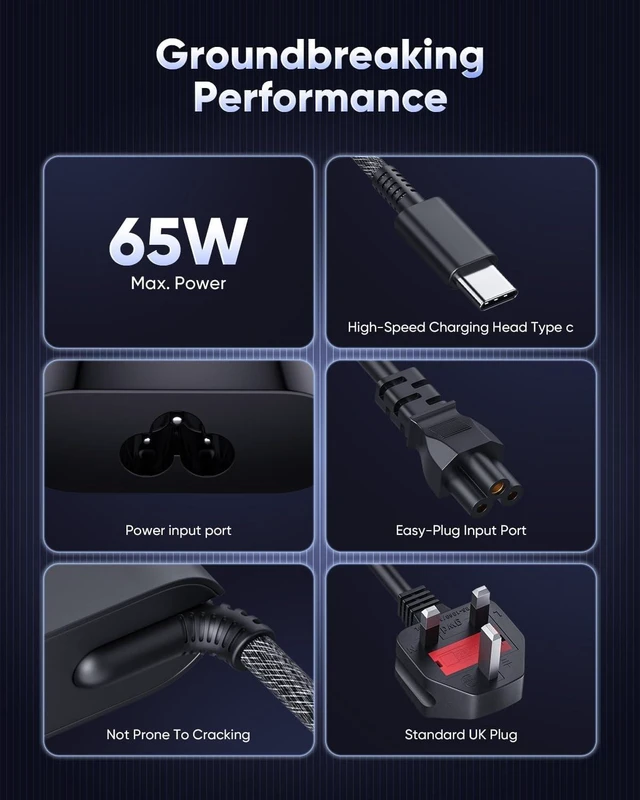 Alt view image 13 of 14 - HP Laptop Charger USB C 65W/45W Type C Power Adapter for HP EliteBook Elite Spectre X360 X2 830 1030 1040 Envy 11 13 14 15 ProBook 430 G6 G7 G8 Chromebook Pavilion 10FT With UK Power Cable