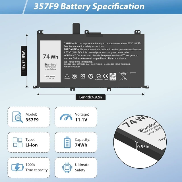 Alt view image 9 of 14 - 74WH 357F9 Laptop Battery Replacement for Dell Inspiron 15 7000 7557 7559 7566 7567 15 5000 Gaming 5576 5577 INS15PD Series P65F P65F001 00GFJ6 P57F P57F003 0GFJ6 71JF4 071FJ4 0357F9 357F9