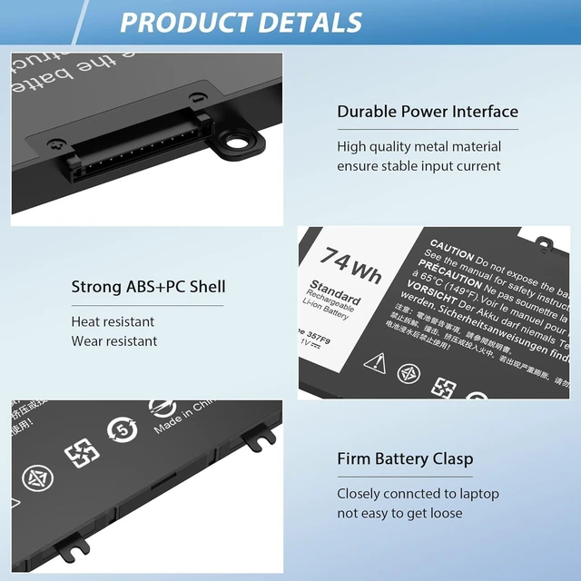 Alt view image 11 of 14 - 74WH 357F9 Laptop Battery Replacement for Dell Inspiron 15 7000 7557 7559 7566 7567 15 5000 Gaming 5576 5577 INS15PD Series P65F P65F001 00GFJ6 P57F P57F003 0GFJ6 71JF4 071FJ4 0357F9 357F9