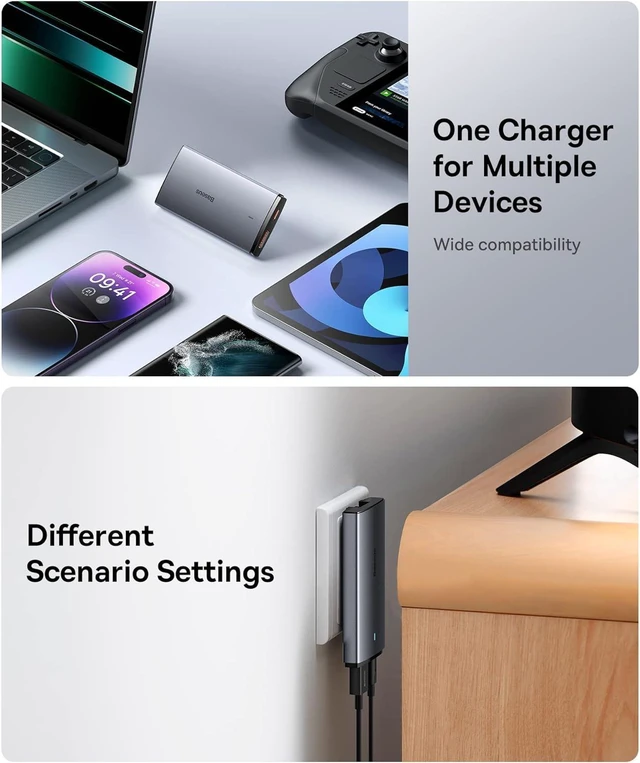 Alt view image 11 of 12 - Baseus 65W Flat Wall Charger, 2 Port Ultra-Slim USB C GaN Charger with Foldable Plug for MacBook, iPhone 16/15/14/13/12/11/Pro Max/XS/XR, Samsung, iPad, Steam Deck with Charging Cable