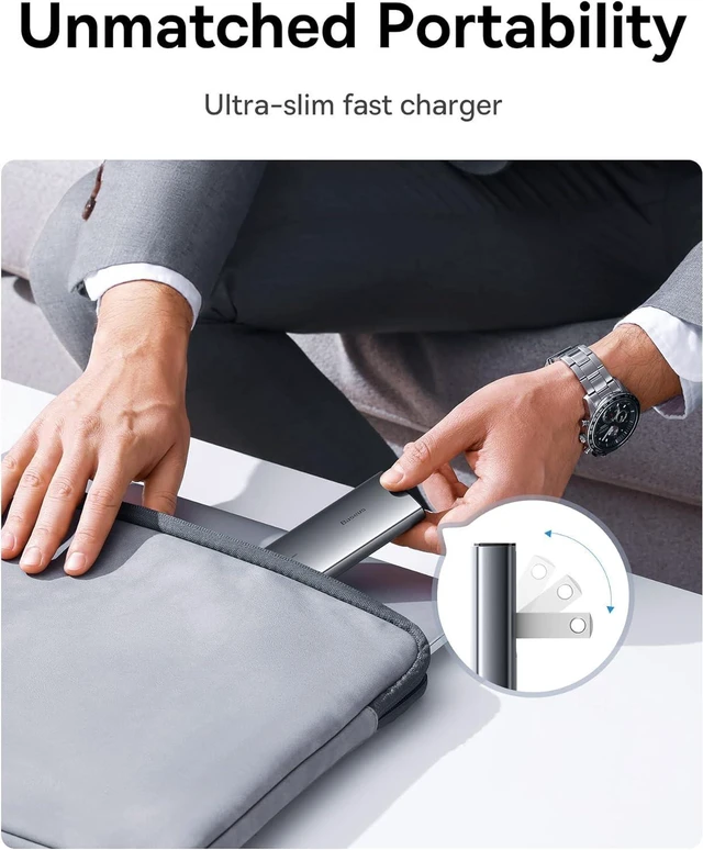 Alt view image 10 of 12 - Baseus 65W Flat Wall Charger, 2 Port Ultra-Slim USB C GaN Charger with Foldable Plug for MacBook, iPhone 16/15/14/13/12/11/Pro Max/XS/XR, Samsung, iPad, Steam Deck with Charging Cable