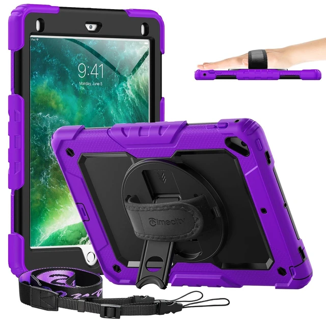 Alt view image 6 of 10 - Timecity Compatible with iPad 9.7 Inch (for iPad 6th/5th Generation, iPad Air2, iPad Pro 9.7) Full-Body Silicone+PC Protective Case with Rotating Stand/Strap - Purple