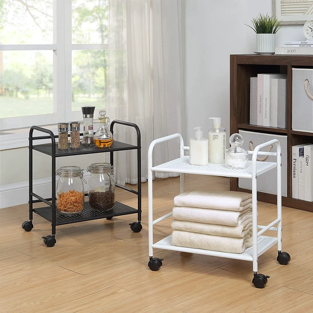 Alt view image 12 of 14 - 2-Tier Metal Rolling Utility Cart Mobile Storage Shelf with Caster Wheels Small Space Organizer for Home, Office, Bedroom, Kitchen (WHT) (Pack of 2)