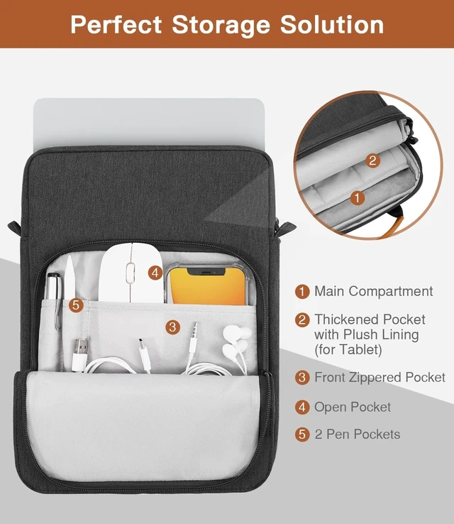 Alt view image 10 of 10 - MoKo 13.3-14 Inch Laptop Sleeve Bag Fits MacBook Pro M3/M2 14" 2023, MacBook Pro 13" M2, New MacBook Air 13.6" M3/M2 2024/2022,Tab S8 Ultra 14.6",Handle Carrying Case with Shoulder Strap, Black & Gray