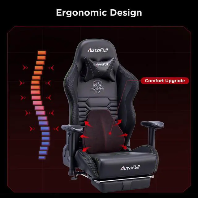 Alt view image 4 of 7 - AutoFull Gaming Chair Office Chair Desk Chair with Ergonomic Lumbar Support, Racing Style PU Leather PC High Back Adjustable Swivel Task Chair with Footrest,Black.