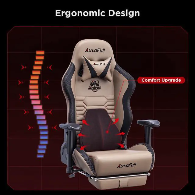 Alt view image 4 of 7 - AutoFull Gaming Chair Office Chair Desk Chair with Ergonomic Lumbar Support, Racing Style PU Leather PC High Back Adjustable Swivel Task Chair with Footrest,Brown.