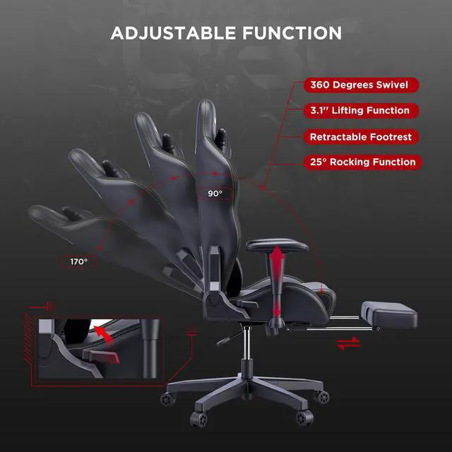 Alt view image 5 of 7 - AutoFull Gaming Chair Office Chair Desk Chair with Ergonomic Lumbar Support, Racing Style PU Leather PC High Back Adjustable Swivel Task Chair with Footrest,Black.