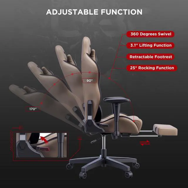 Alt view image 5 of 7 - AutoFull Gaming Chair Office Chair Desk Chair with Ergonomic Lumbar Support, Racing Style PU Leather PC High Back Adjustable Swivel Task Chair with Footrest,Brown.