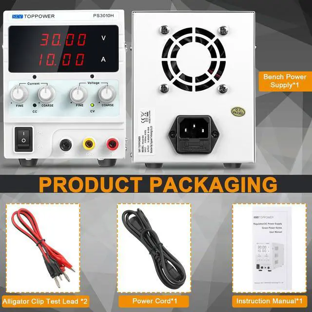 Alt view image 3 of 7 - DC Power Supply Variable, 30V 10A Adjustable Switching Regulated DC Bench Lab Power Supply with 4-Digits LED Power Display,Laboratory Switching Power Supplies,Coarse &Fine Adjustments,DIY