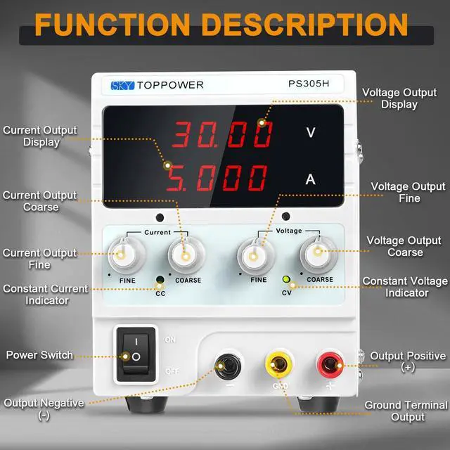 Alt view image 4 of 7 - DC Bench Power Supply, 30V 5A Adjustable Switching Regulated DC Variable Lab Power Supply with High Precision 4-Digits LED Power Display,Coarse and Fine Adjustments