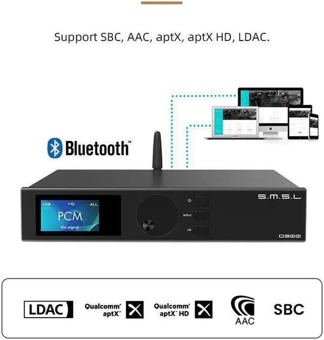Alt view image 6 of 7 - S.M.S.L D300 Hi-res Digital Audio DAC, ROHM BD34301EKV Flagship Chip, Bluetooth/USB/Optical/Coaxial Input, BT 5.0 Apt-X/LDAC HD/Acc/SBC, DSD512 PCM 768kHz/32Bit XMOS XU-208 (with Remote Control)