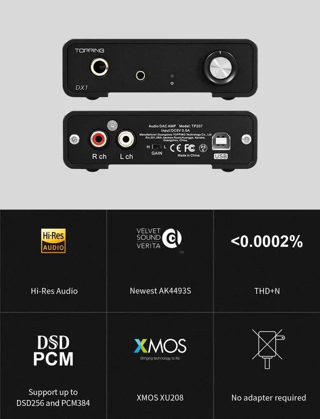 Alt view image 2 of 7 - Topping DX1 Mini Stereo DAC Headphone Amplifier Combo - 280mW x2 Powerful Output Two-Stage GAIN Switch USB Chargable Discrete LNRD AK4493S XU208 384kHz/32bit Native DSD256 HiFi Home Audio (Black)
