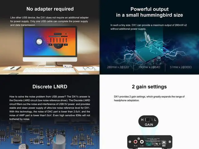 Alt view image 5 of 7 - Topping DX1 Mini Stereo DAC Headphone Amplifier Combo - 280mW x2 Powerful Output Two-Stage GAIN Switch USB Chargable Discrete LNRD AK4493S XU208 384kHz/32bit Native DSD256 HiFi Home Audio (Black)