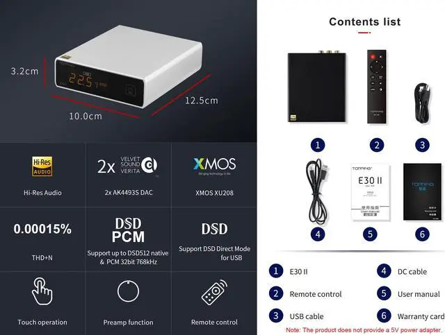 Alt view image 2 of 7 - Topping E30 II DAC Preamp Audio Decoder- 2xAK4493S Hi-Res XMOS XU208 DAC 32Bit/768kHz DSD512 DSD Direct Mode for USB/Coax/Opt Inputs RCA HiFi Stereo Digital Audio Decoder(Black)