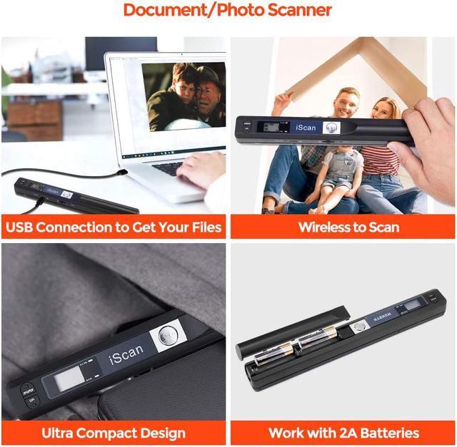 Handheld Wand Portable Scanners for Document, Receipts, Old Pictures  Built-in WiFi, 1050/600/300 DPI Resolution, Scan A4 Color Page in 3sec,  Photo