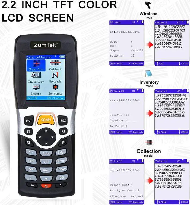 Alt view image 4 of 7 - ZumTek PDT3309 Portable Wireless Barcode Scanner PDT Inventory Device 1D Barcode Scanner Reader Collector Data Terminal