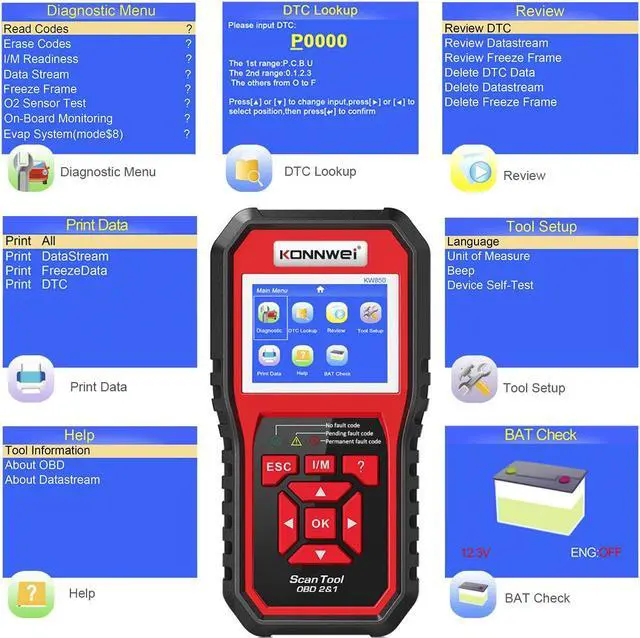 Alt view image 13 of 14 - KONNWEI OBD2 Scanner Professional Car OBD II Scanner Auto Diagnostic Fault Code Reader Automotive Check Engine Light Diagnostic EOBD Scan Tool for All OBDII Protocol Cars Since 1996 (Enhanced KW850)