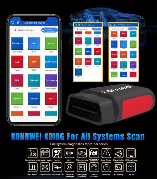 Alt view image 4 of 7 - [Authorized Distributor]KONNWEI KDIAG Automotive Full Function Diagnostic Instrument ABS Airbag Brake Pad Multifunctional Diagnostic Scanner KDIAG
