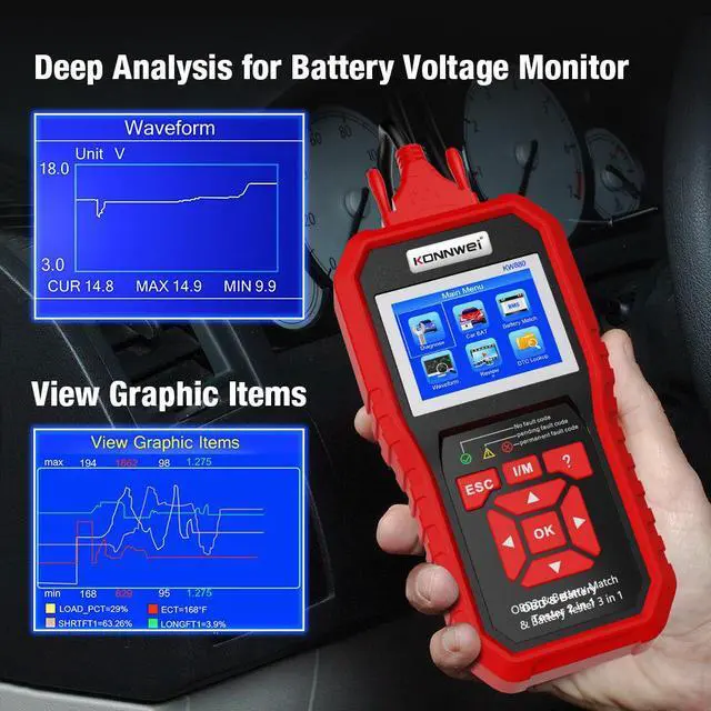 Alt view image 6 of 7 - [Authorized Distributor] KONNWEI KW880 12V Car Battery Tester Analizer Auto Diagnostic Tool Battery Match 3 in 1 Car OBD2 Scanner Full OBD2 Function KW880