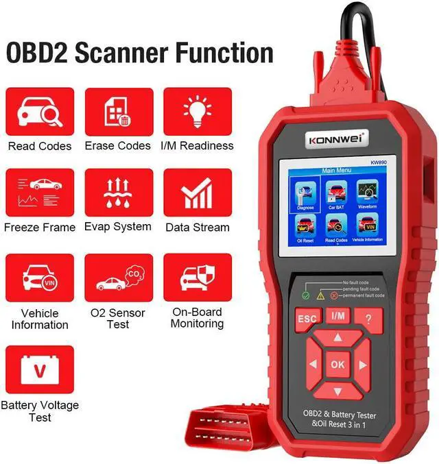 Alt view image 2 of 7 - [Authorized Distributor] KONNWEI KW890 Oil Reset OBD2 Scanner Car Professional Car Battery Tester EOBD Engine Check Automotive Code Reader Diagnose Tool