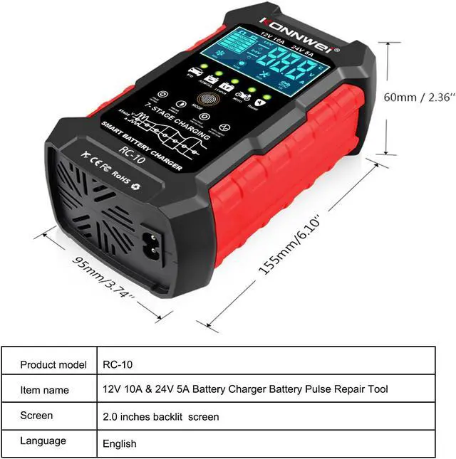Alt view image 6 of 7 - [Authorized Distributor] KONNWEI RC-10 Car Charger Tools Battery Charger Battery Pulse Repair Tool Moto Battery Charger 12-24V 5A 10A Emergency Tool  KONNWEI RC-10