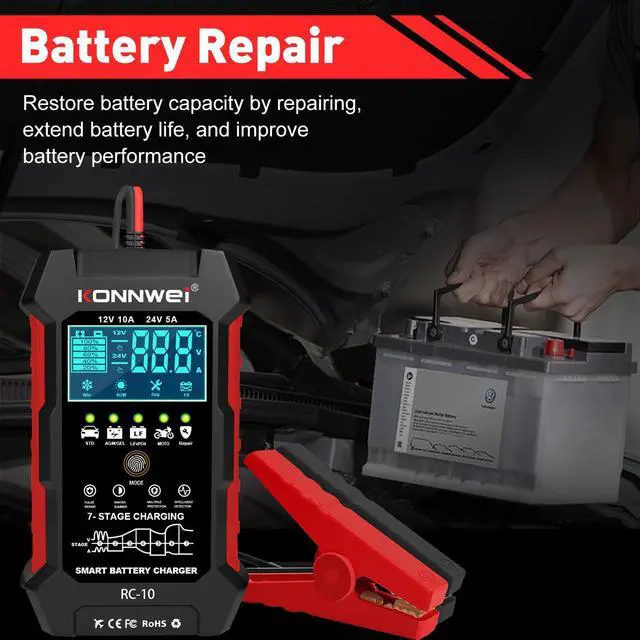 Alt view image 4 of 7 - [Authorized Distributor] KONNWEI RC-10 Car Charger Tools Battery Charger Battery Pulse Repair Tool Moto Battery Charger 12-24V 5A 10A Emergency Tool  KONNWEI RC-10