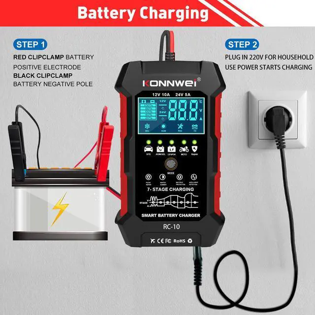 Alt view image 3 of 7 - [Authorized Distributor] KONNWEI RC-10 Car Charger Tools Battery Charger Battery Pulse Repair Tool Moto Battery Charger 12-24V 5A 10A Emergency Tool  KONNWEI RC-10