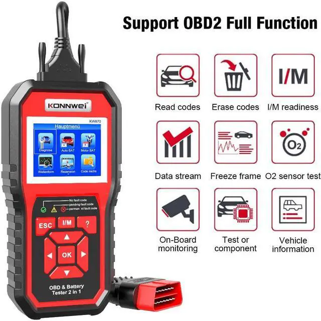Main image of [Authorized Distributor] KONNWEI KW870 OBDII Auto Diagnostic Code Scanner 12V Car Battery Tester Cranking Charging Test 2 in 1 Auto Diagnostic Scan Tools KW870