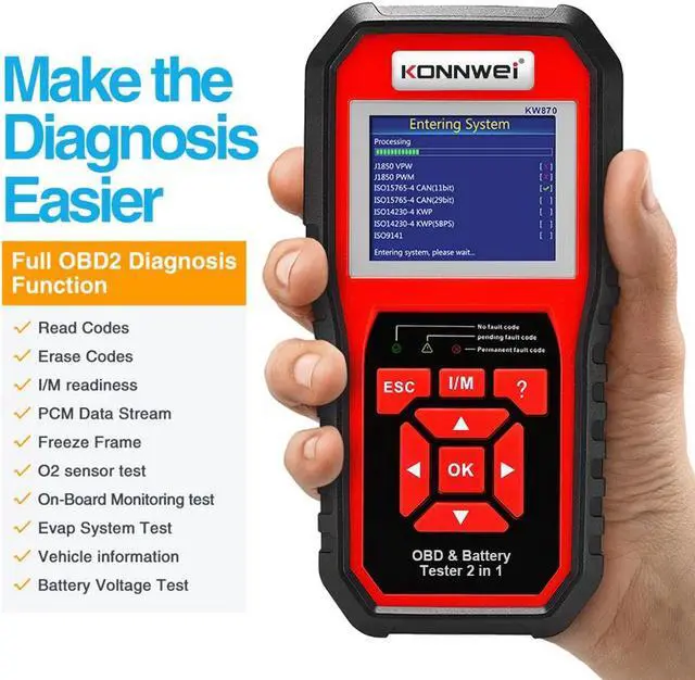 Alt view image 2 of 7 - [Authorized Distributor] KONNWEI KW870 OBDII Auto Diagnostic Code Scanner 12V Car Battery Tester Cranking Charging Test 2 in 1 Auto Diagnostic Scan Tools KW870
