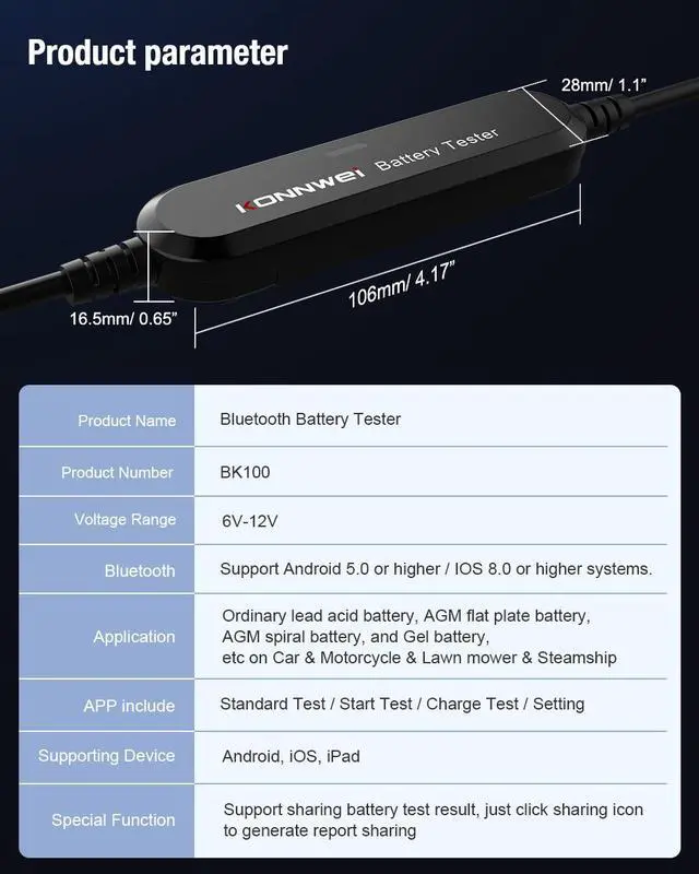 Alt view image 6 of 7 - [Authorized Distributor] KONNWEI BK100 Bluetooth 5.0 Car Motorcycle Battery Tester 6V 12V Battery Analyzer 100 to 2000 CCA Charging Cranking Test Tools BK100