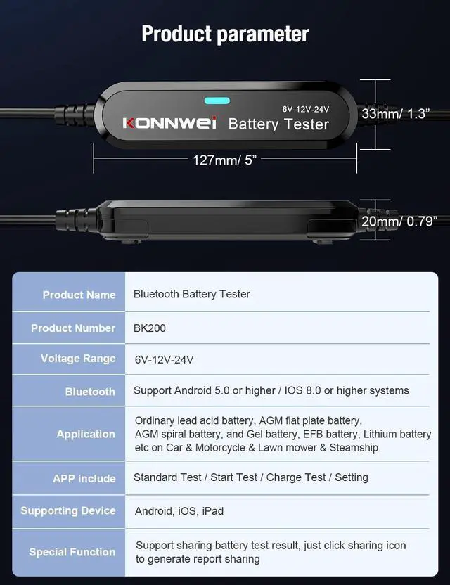 Alt view image 4 of 7 - [Authorized Distributor] KONNWEI BK200 Bluetooth 5.0 Car Motorcycle Truck Battery Tester 6V 12V 24V Battery Analyzer 2000 CCA Charging Cranking Test Tool BK200