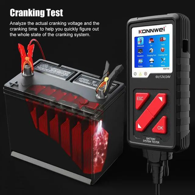 Alt view image 3 of 7 - [Authorized Distributor] KONNWEI KW710 Motorcycle Car Truck Battery Tester 6V 12V 24V Battery Analyzer 2000 CCA Charging Cranking Test Tools for the Car KW710