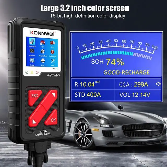 Alt view image 4 of 7 - [Authorized Distributor] KONNWEI KW710 Motorcycle Car Truck Battery Tester 6V 12V 24V Battery Analyzer 2000 CCA Charging Cranking Test Tools for the Car KW710
