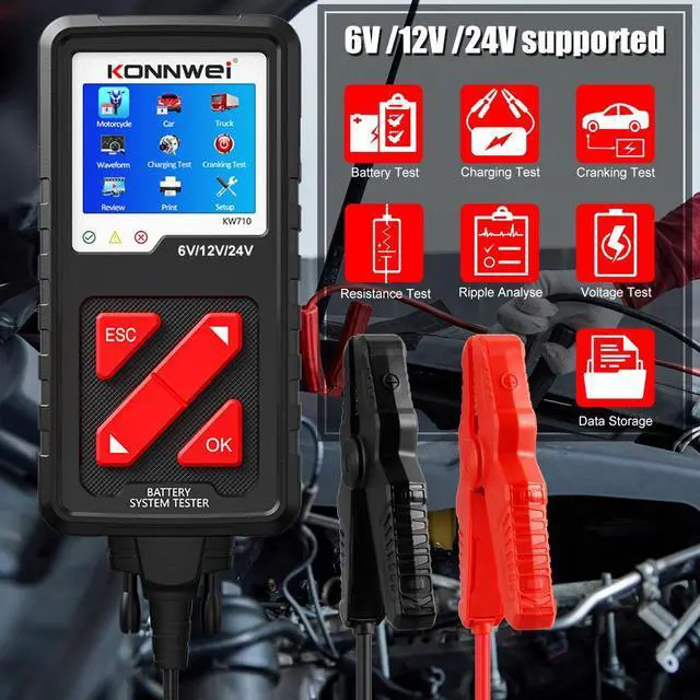 Main image of [Authorized Distributor] KONNWEI KW710 Motorcycle Car Truck Battery Tester 6V 12V 24V Battery Analyzer 2000 CCA Charging Cranking Test Tools for the Car KW710