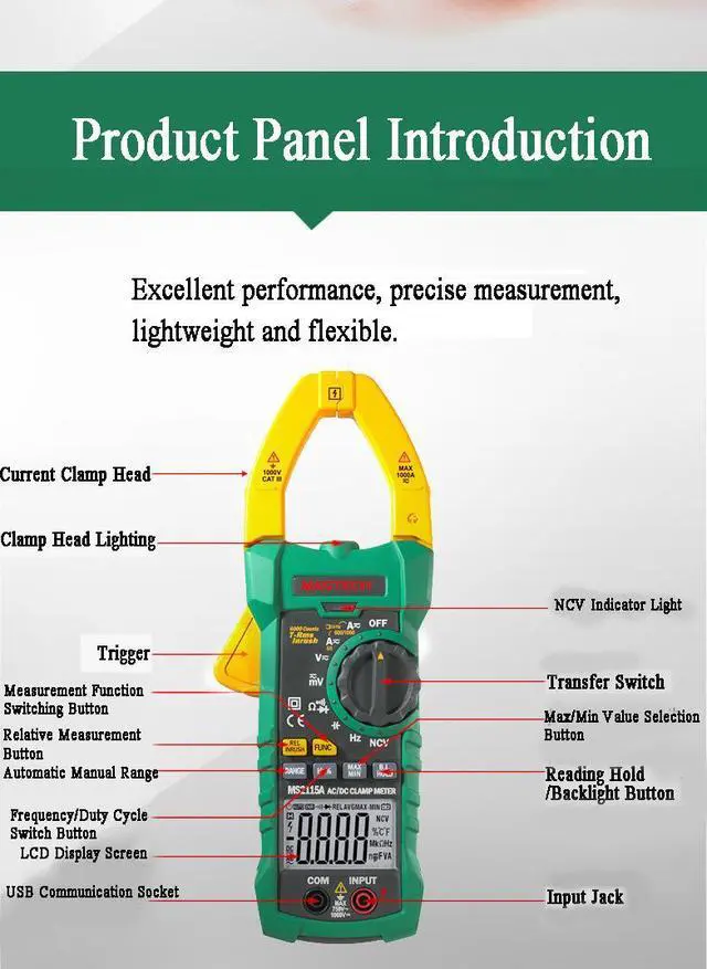 Alt view image 4 of 7 - MASTECH MS2115A Digital Clamp Meters Multimeter True RMS Voltage Current Resistance Capacitance 1000A Tester MASTECH MS2115A