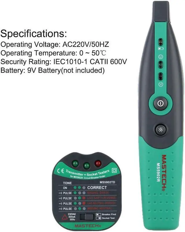 Alt view image 2 of 7 - Mastech MS5902 Circuit Breaker LED Tester Finder CATII 600V Zeroline US EU AU Plug Type Fuse Socket Tester Mastech MS5902