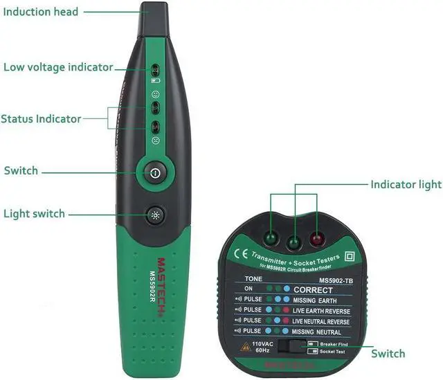 Main image of Mastech MS5902 Circuit Breaker LED Tester Finder CATII 600V Zeroline US EU AU Plug Type Fuse Socket Tester Mastech MS5902