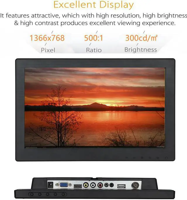 Alt view image 2 of 6 - 11.6 inch Monitor TFT 1366x768 Video AV USB VGA BNC HDMI 16:9 500:1 300cd/m2 12" Display for CCTV PC DVD Laptop