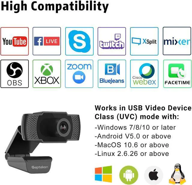 Alt view image 5 of 7 - 1080P HD Webcam with Microphone, Septekon Streaming Computer Web Camera for Laptop/Desktop/Mac/TV, USB PC Cam for Video Calling, Conferencing, Gaming