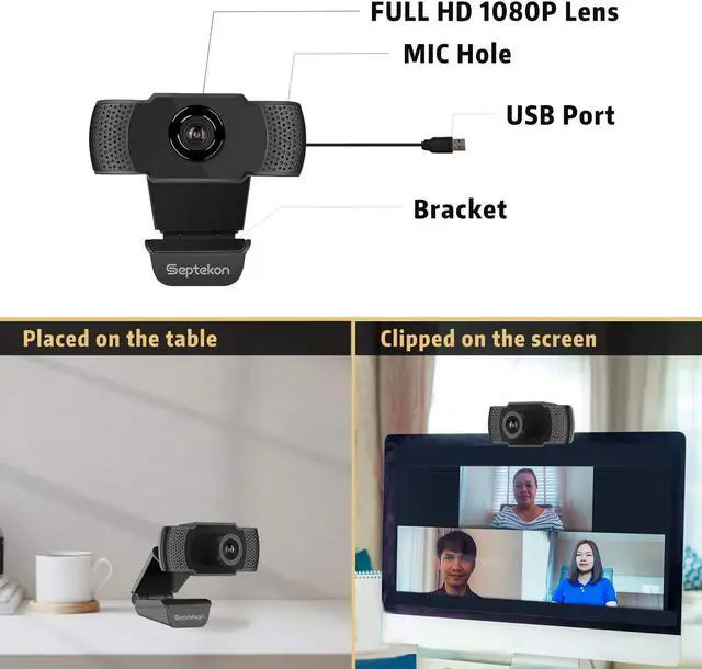 Alt view image 7 of 7 - 1080P HD Webcam with Microphone, Septekon Streaming Computer Web Camera for Laptop/Desktop/Mac/TV, USB PC Cam for Video Calling, Conferencing, Gaming