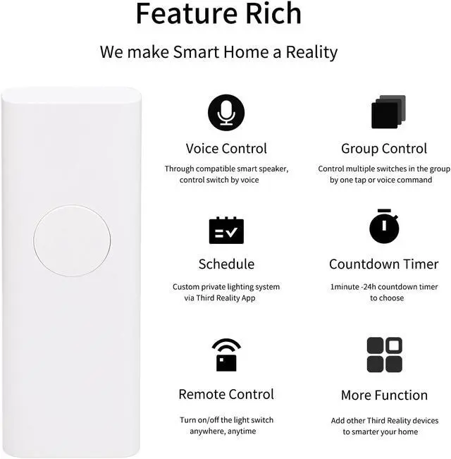 Alt view image 3 of 6 - Third Reality Smart Light Switch (Gen 3 Starter Kit) Control Any Toggle or Rocker Wall Switch, No Wiring Required. 1 ZigBee Switch and 1 Hub. Works with Alexa and Google Home.