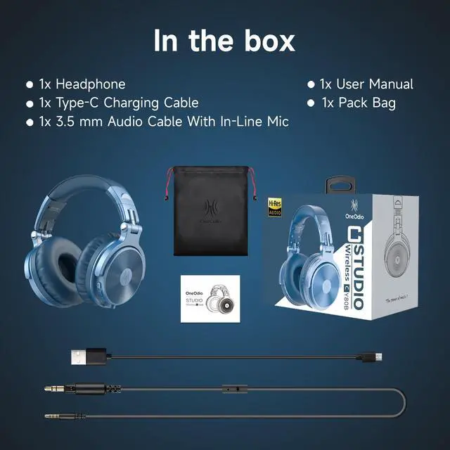 Alt view image 7 of 7 - Oneodio Pro-C Wireless Headphones with 50mm Neodymium Drivers 110Hrs Playing Time BT 5.2 Foldable Deep Bass Stereo Headset USB-C Updated Blue