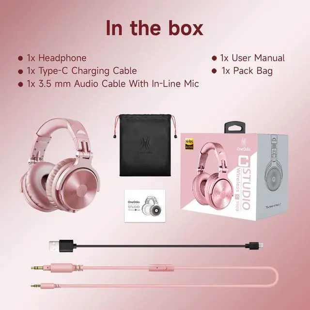 Alt view image 7 of 7 - OneOdio Pro-C Wireless Headphones with 50mm Neodymium Drivers 110Hrs Playing Time BT 5.2 Foldable Deep Bass Stereo Headset USB-C Updated Rose Gold
