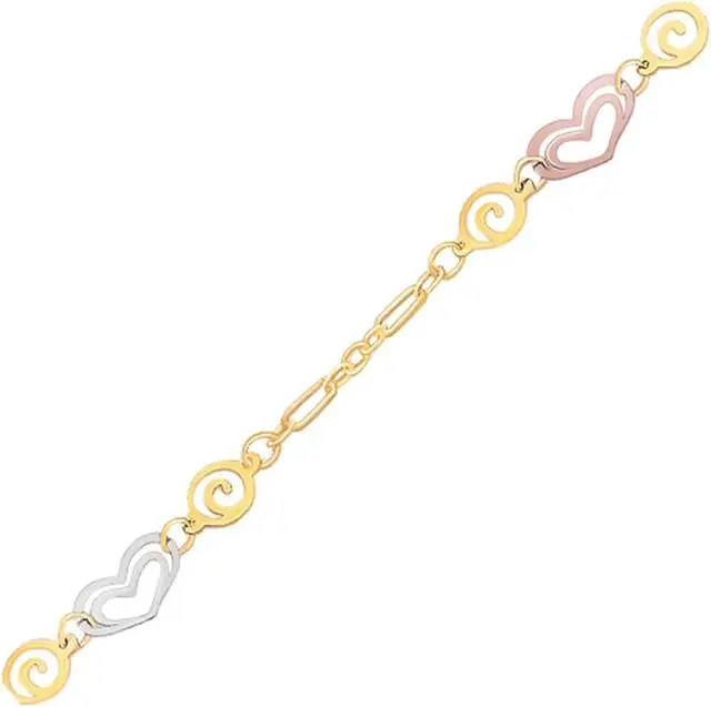 Alt view image 2 of 3 - 14k Tri-Color Gold Anklet with Multi Color Heart Stations