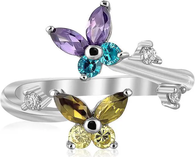 Main image of Sterling Silver Rhodium Plated Floral Toe Ring with Multi-Tone Cubic Zirconia