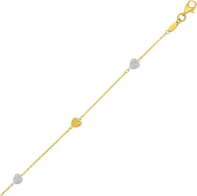 Main image of 14k Two-Toned Yellow and White Gold Anklet with Textured Hearts
