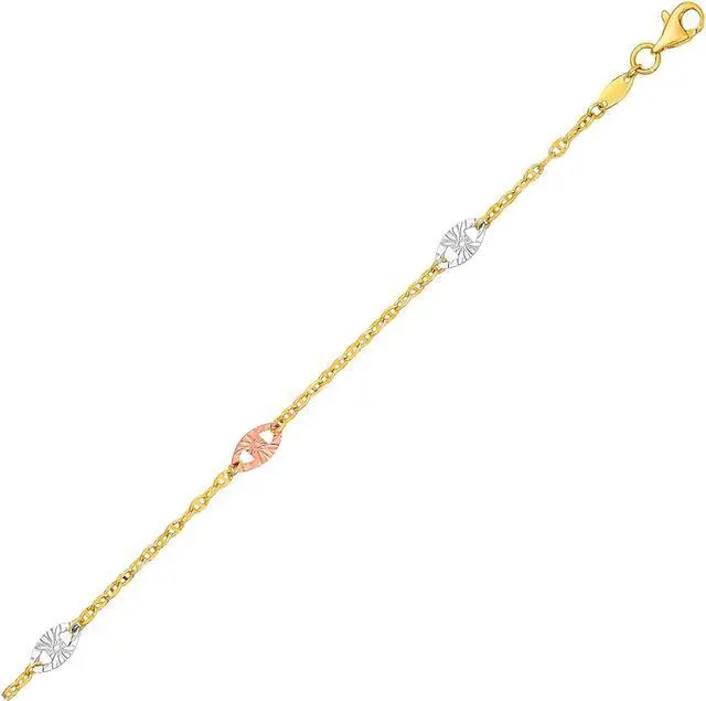 Main image of 14k Three-Toned Yellow   White   and Rose Gold Anklet with Textured Ovals
