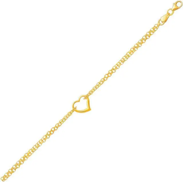 Main image of 14k Yellow Gold Double Rolo Chain Anklet with an Open Heart Station